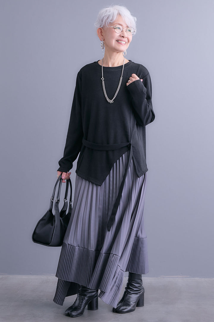 【SET】ウエストベルトアシンメトリーニットトップス+アシンメトリープリーツスカート(2set)