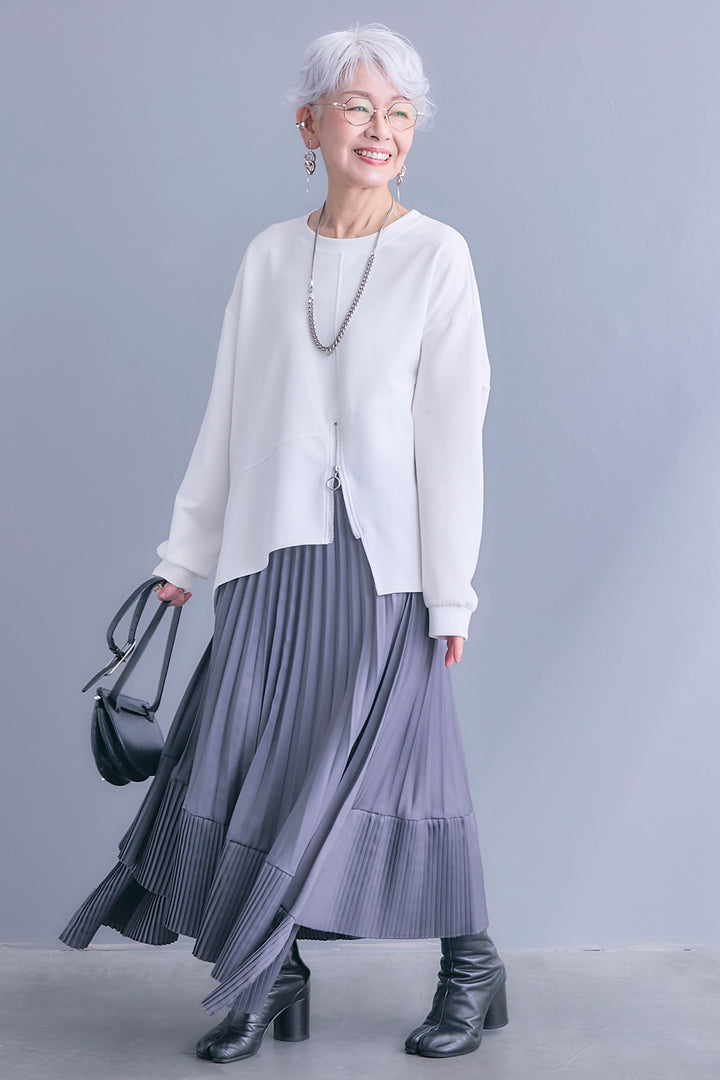 【SET】アシメリングZIPデザインプルオーバー+アシンメトリープリーツスカート(2set)