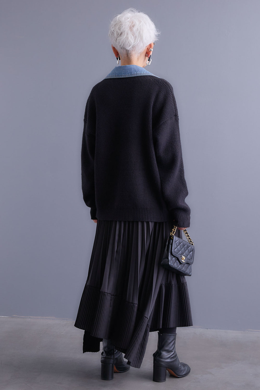 【SET】デニムライダースニットカーディガン+アシンメトリープリーツスカート(2set)