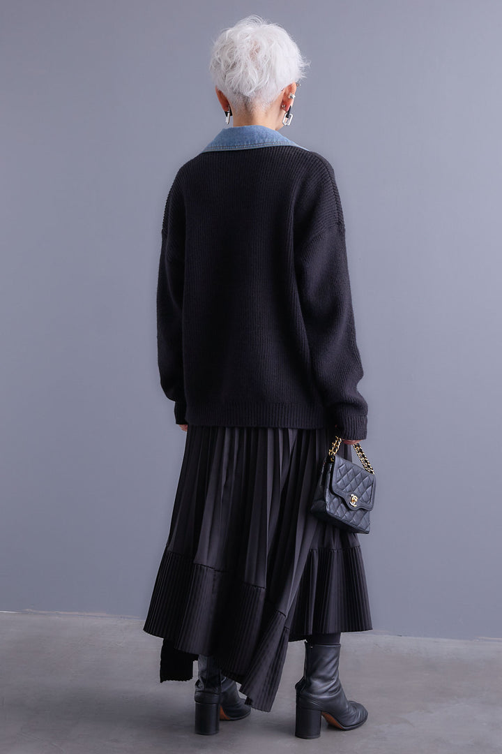 【SET】デニムライダースニットカーディガン+アシンメトリープリーツスカート(2set)