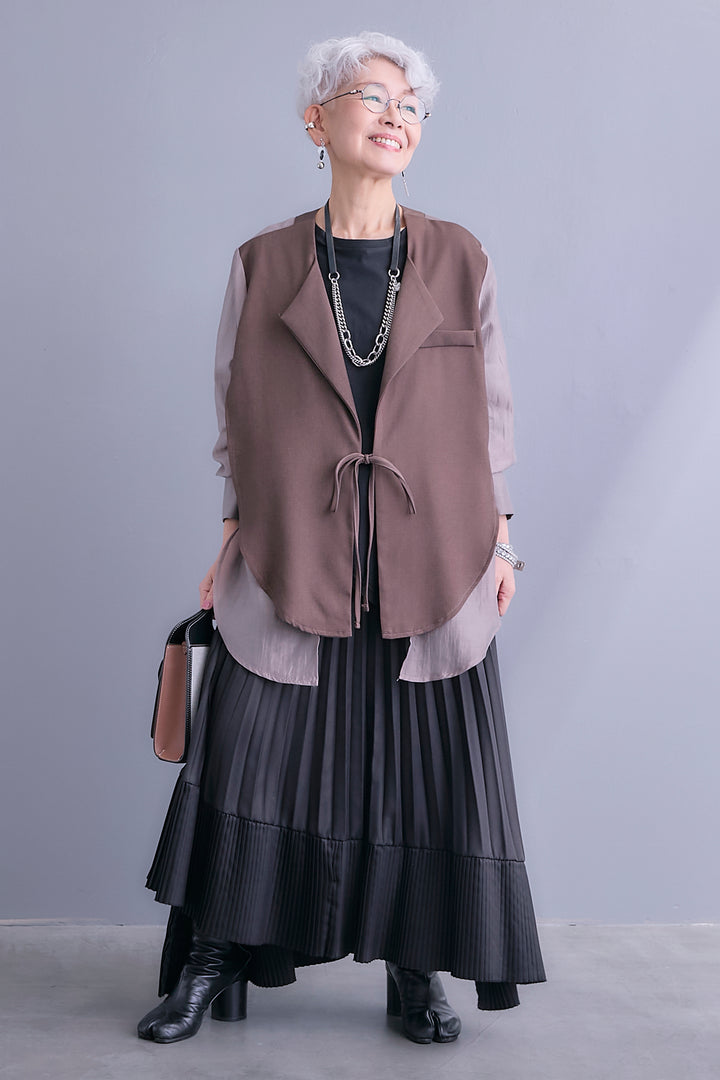 【SET】シアーシャツドッキングジャケット+アシンメトリーロンT+アシンメトリープリーツスカート(3set)