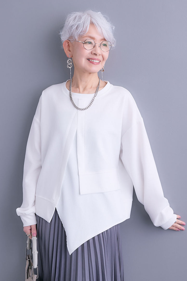 【SET】レイヤードデザインアシンメトリープルオーバー+アシンメトリープリーツスカート(2set)