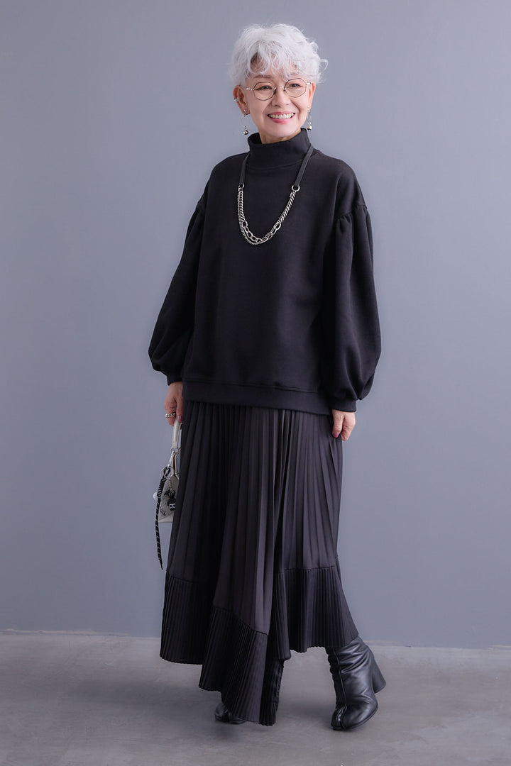 【SET】ボリュームスリーブモックネックプルオーバー+アシンメトリープリーツスカート(2set)