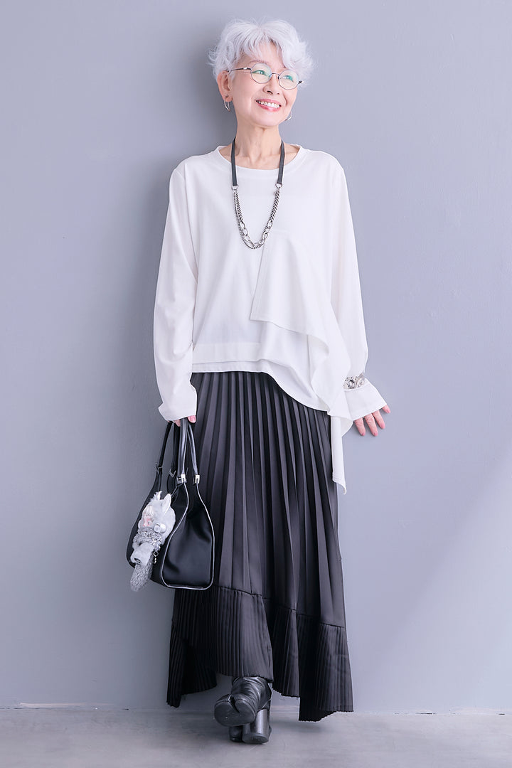 【SET】ドレープフリルアシメデザイントップス+アシンメトリープリーツスカート(2set)