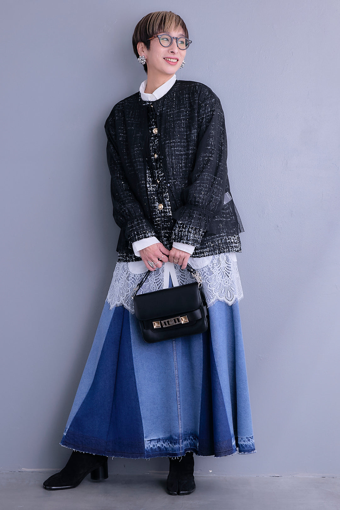 【SET】ツイード×チュールレイヤードノーカラージャケット+ヘムレースロングシャツ+プリーツタックデニムスカート(3set)