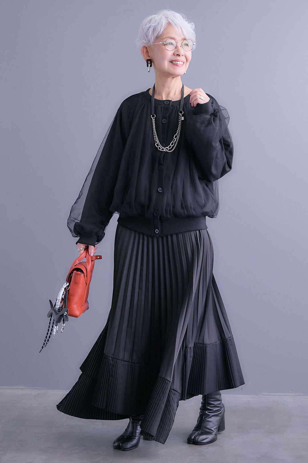 【SET】ノーカラーチュールレイヤードカーディガン+アシンメトリープリーツスカート(2set)