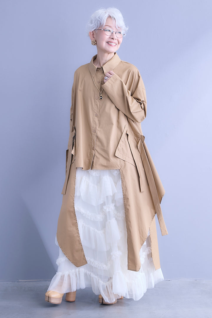 【SET】ロングテールアシメカットデザインシャツ+ペタルティアードチュールスカート(2set)