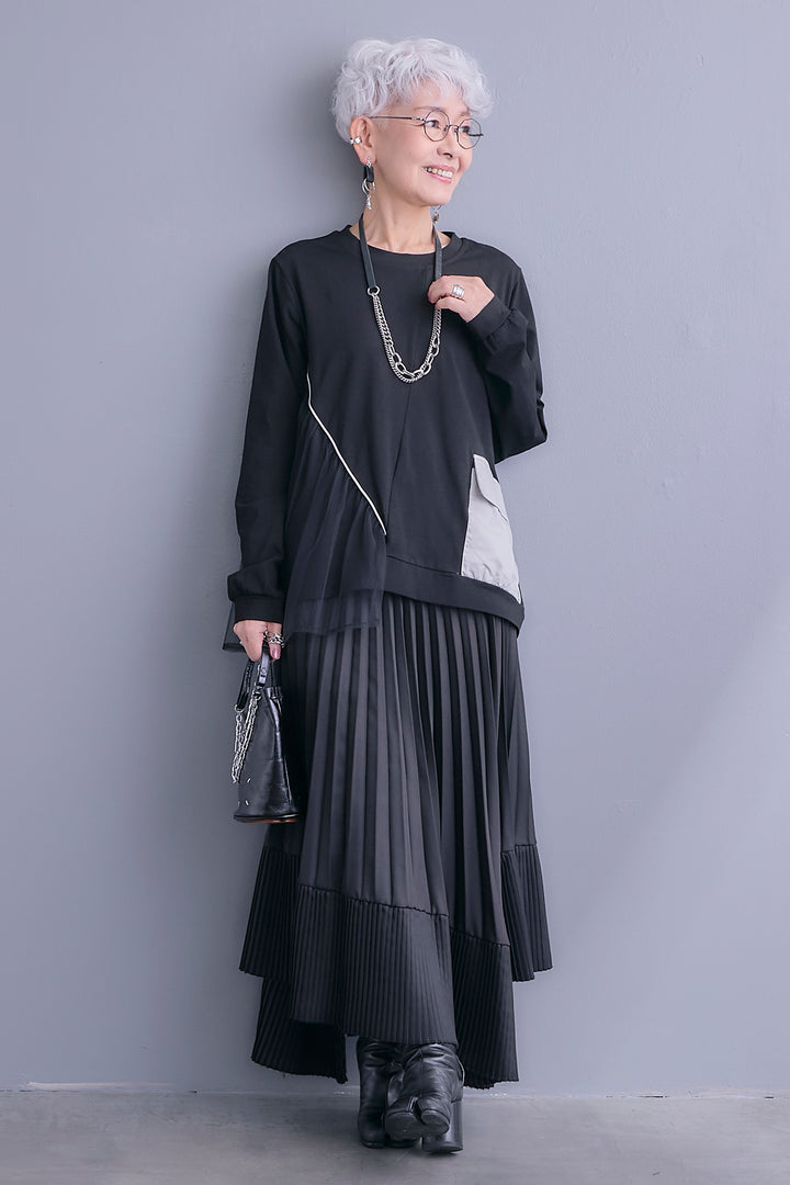 【SET】チュールギャザーアシメポケットプルオーバー+アシンメトリープリーツスカート(2set)