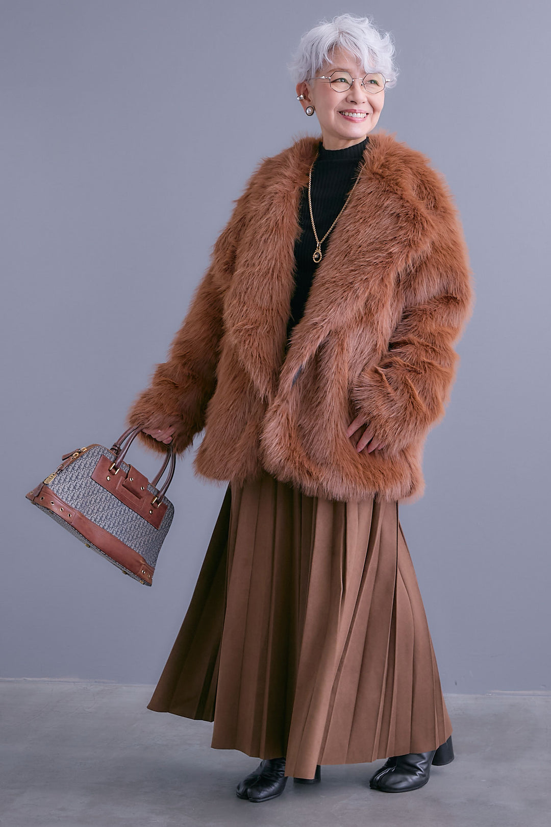 【SET】テーラードカラーファーコート+スエードロングプリーツスカート(2set)