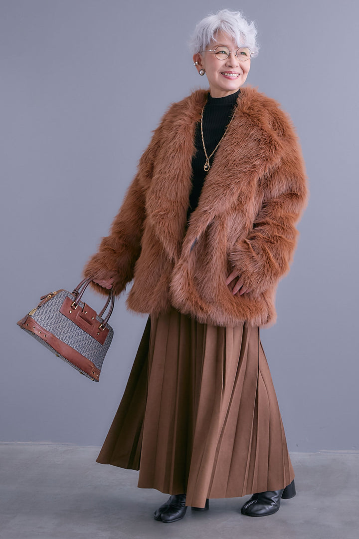 【SET】テーラードカラーファーコート+スエードロングプリーツスカート(2set)