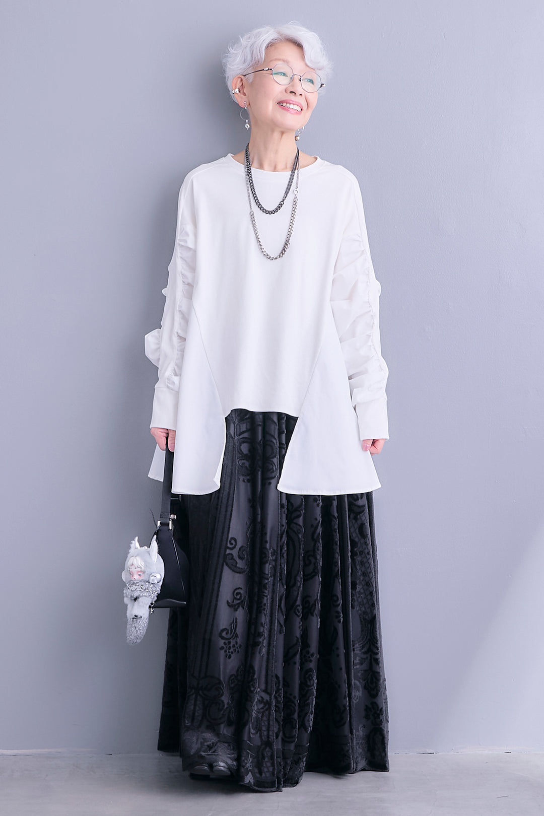 【SET】シャーリングスリーブロングテールプルオーバー+フロッキージャガードチュールロングスカート(2set)