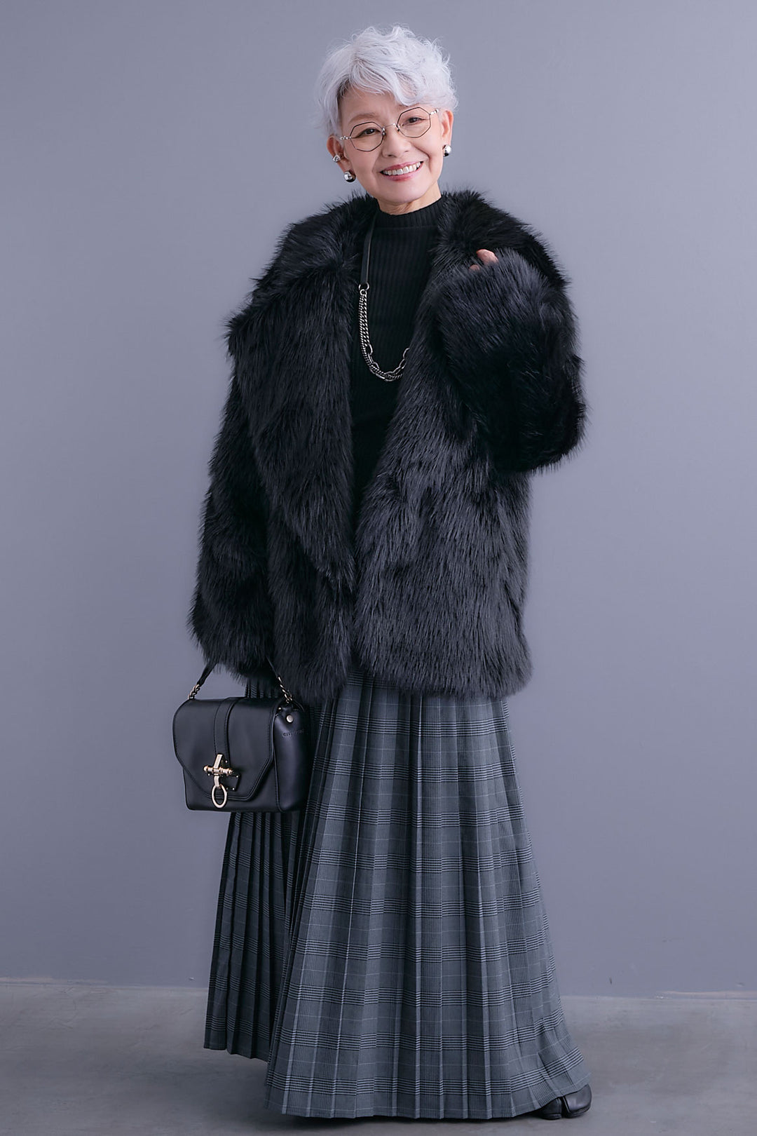 【SET】テーラードカラーファーコート+グレンチェックプリーツスカート(2set)