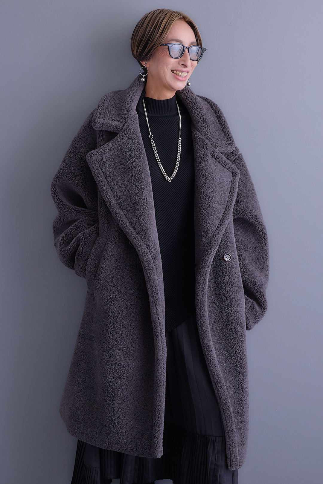 【SET】アシンメトリーオーバーニット+テディボアロングコート+アシンメトリープリーツスカート(3set)