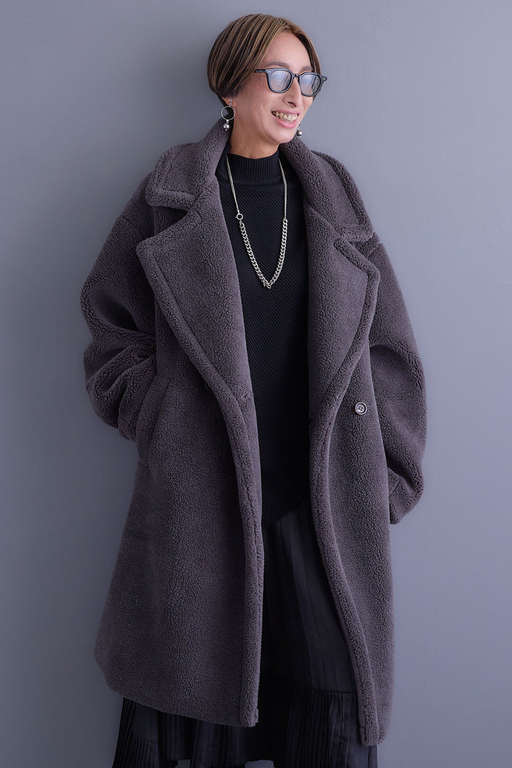 【SET】アシンメトリーオーバーニット+テディボアロングコート+アシンメトリープリーツスカート(3set)