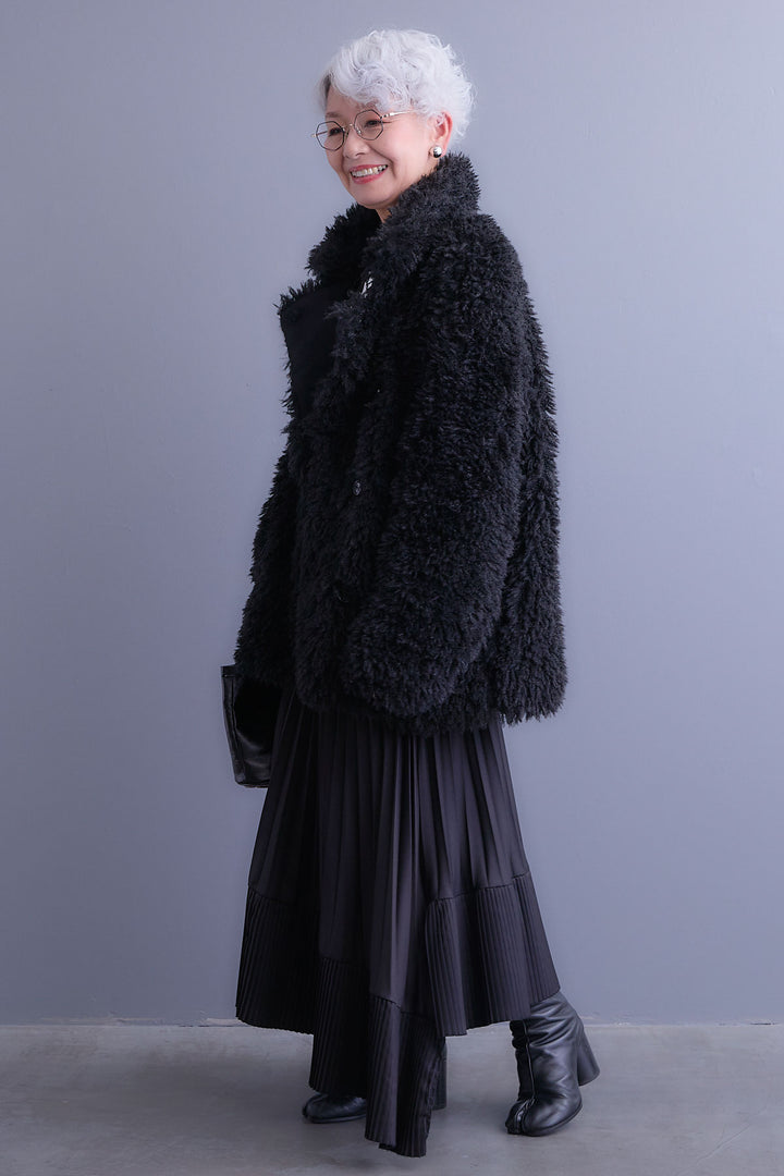 【SET】アシンメトリーロンT+プードルボア2WAYカラーコート+アシンメトリープリーツスカート(3set)