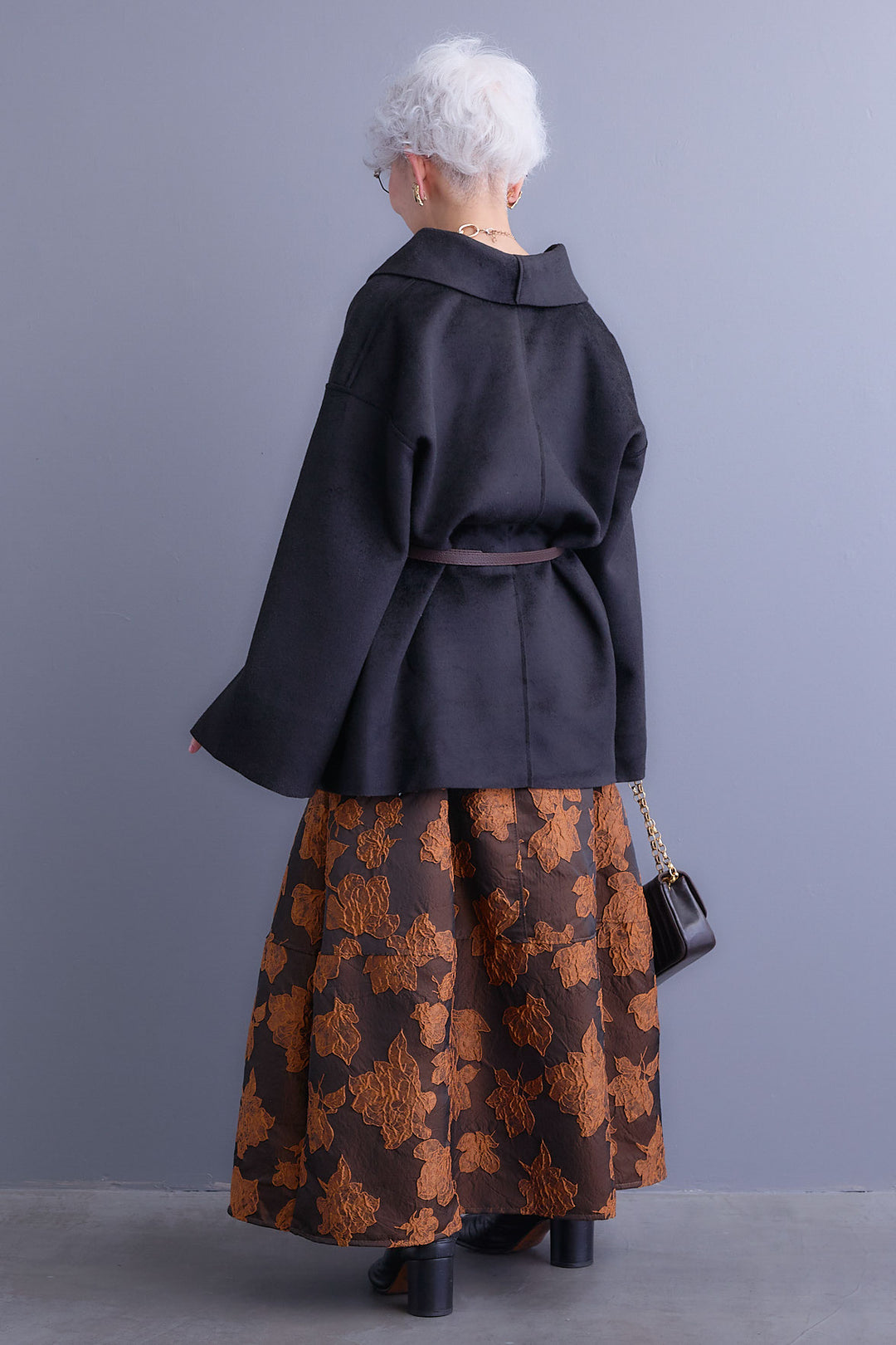【SET】メルトンソフトショールカラーコート【ベルト付き】+ジャガードフラワースカート(2set)