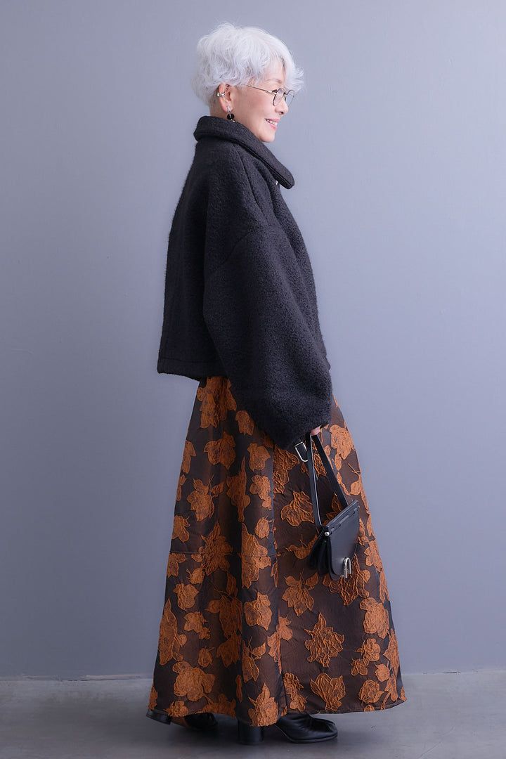 【SET】シープボアボリュームスリーブジャケット+ジャガードフラワースカート(2set)