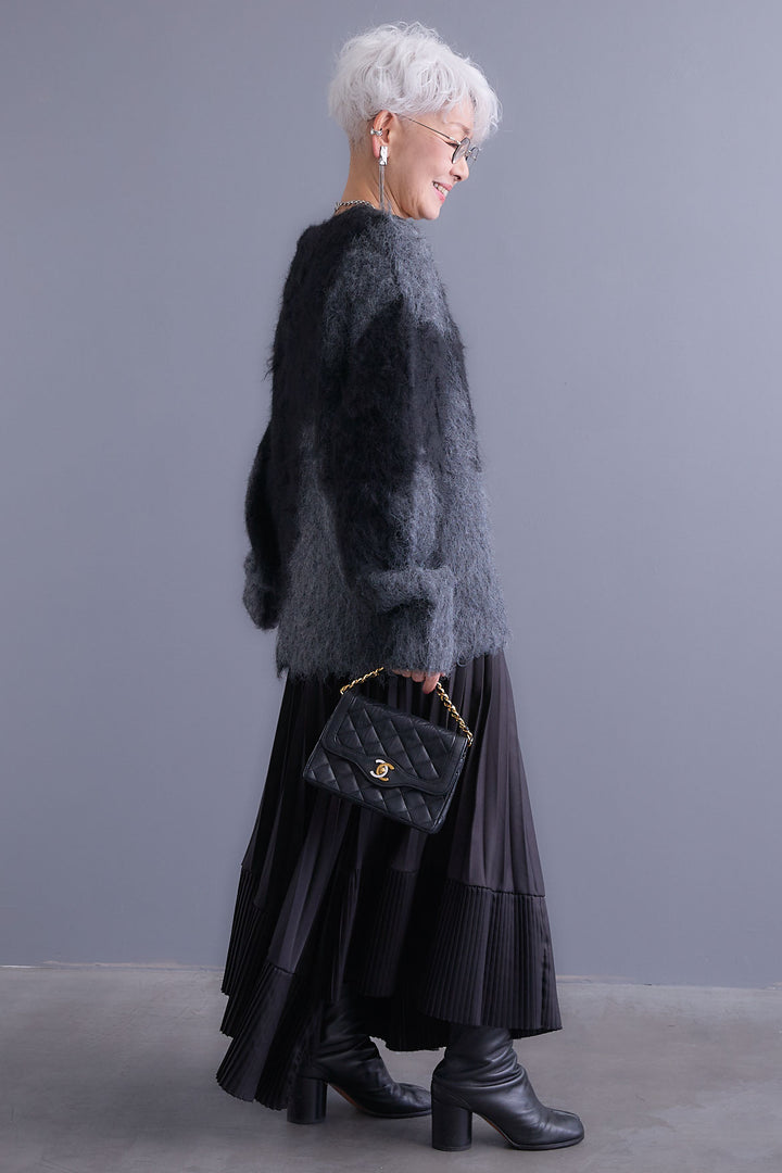 【SET】ミックスヤーンインターシャブロッキングニット+アシンメトリープリーツスカート(2set)