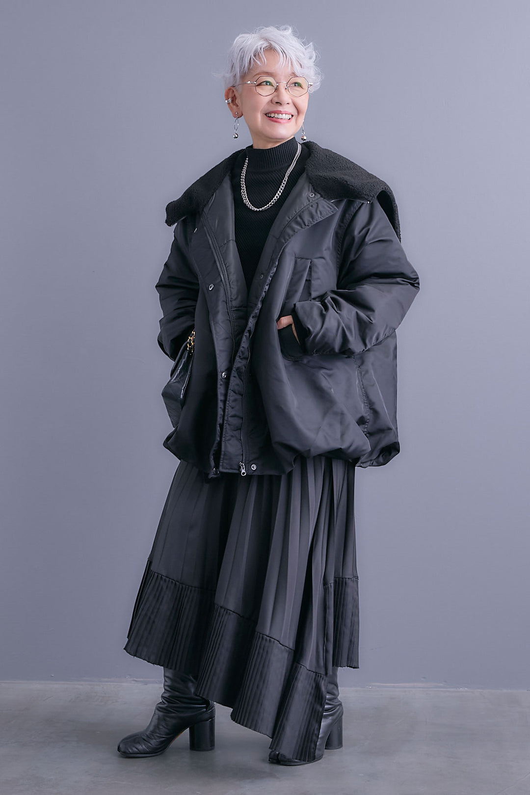 【SET】アシンメトリーオーバーニット+2WAYオーバーカラーN-3Bジャケット+アシンメトリープリーツスカート(3set)