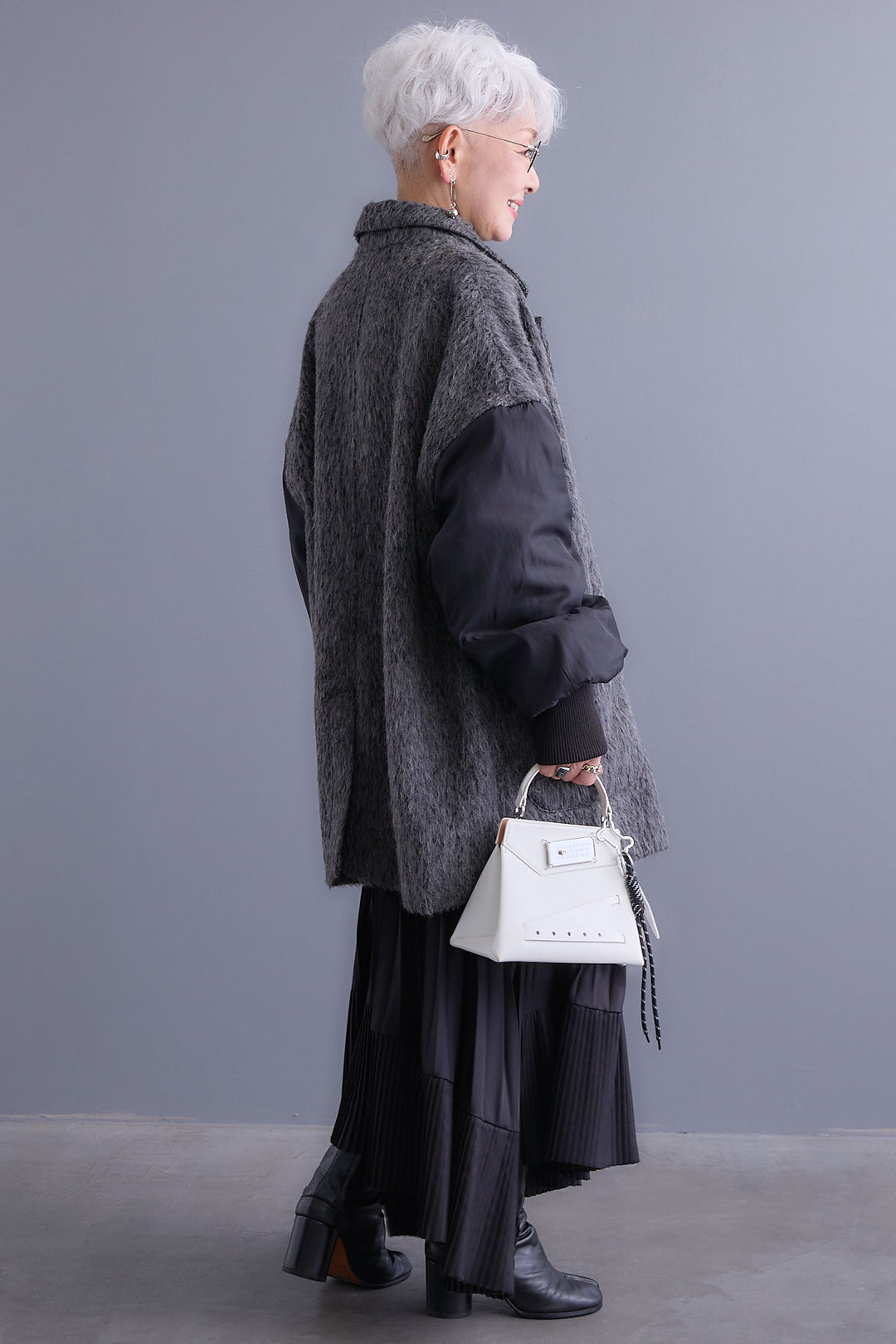 【新色追加】【SET】アシンメトリーオーバーニット+チュールレイヤードMA-1シャギーオーバーコート+アシンメトリープリーツスカート(3set)