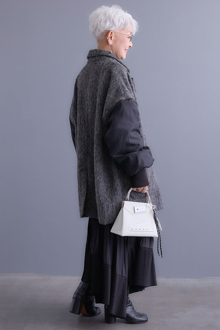 【新色追加】【SET】アシンメトリーオーバーニット+チュールレイヤードMA-1シャギーオーバーコート+アシンメトリープリーツスカート(3set)