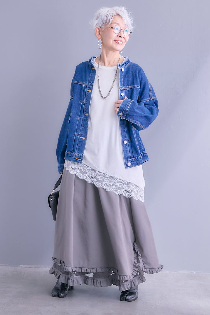 【SET】ノーカラーオーバーサイズデニムジャケット+ヘムレースアシメロンT+ヘムチュールレイヤードフリルスカート(3set)