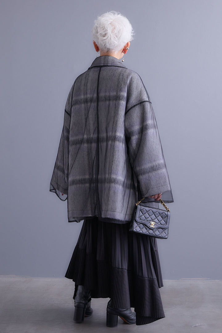 【SET】アシンメトリーオーバーニット+チュールレイヤードシャギーチェックコート+アシンメトリープリーツスカート(3set)