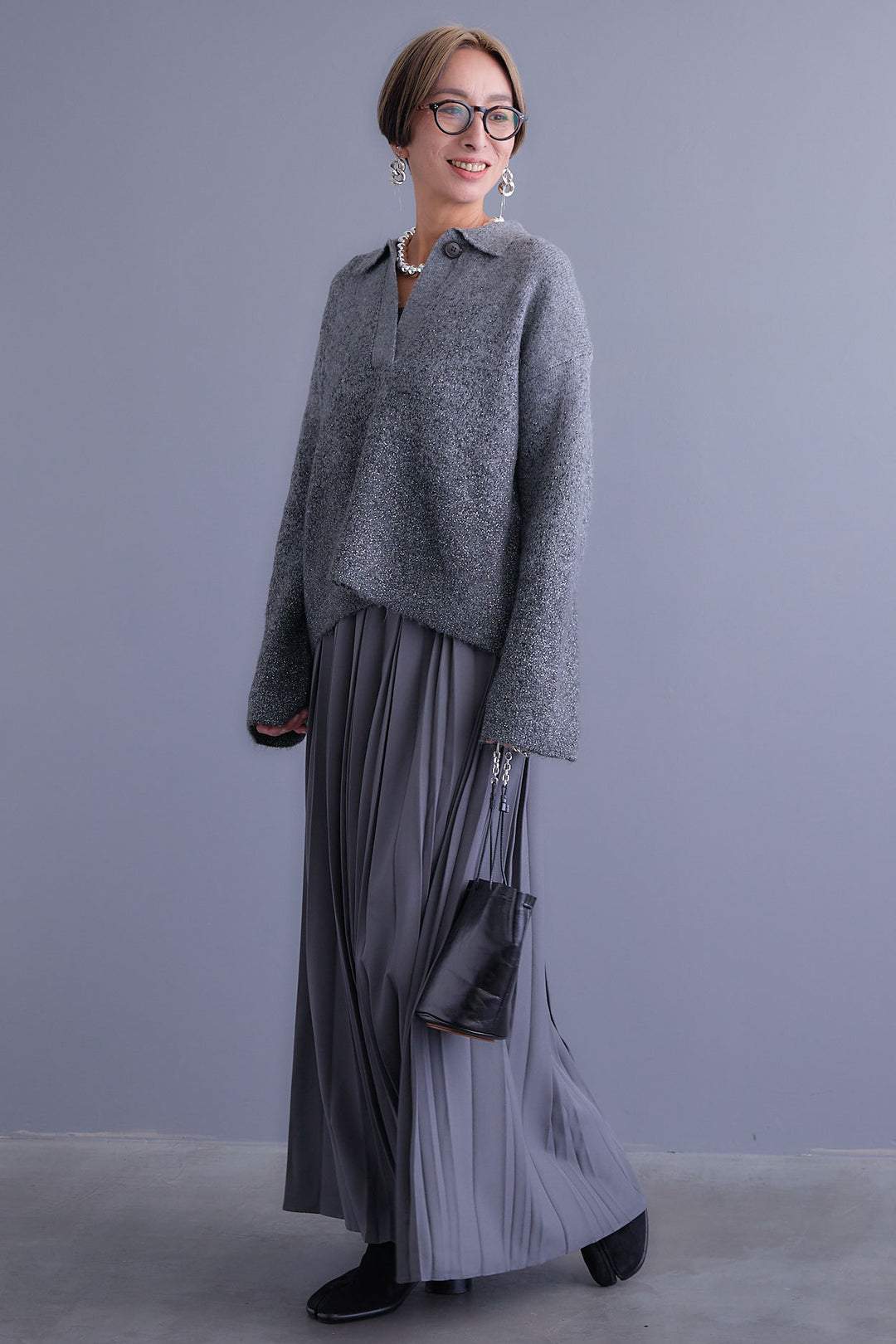 【SET】グラデーションラメキーネックニット+ダブルプリーツロングスカート(2set)