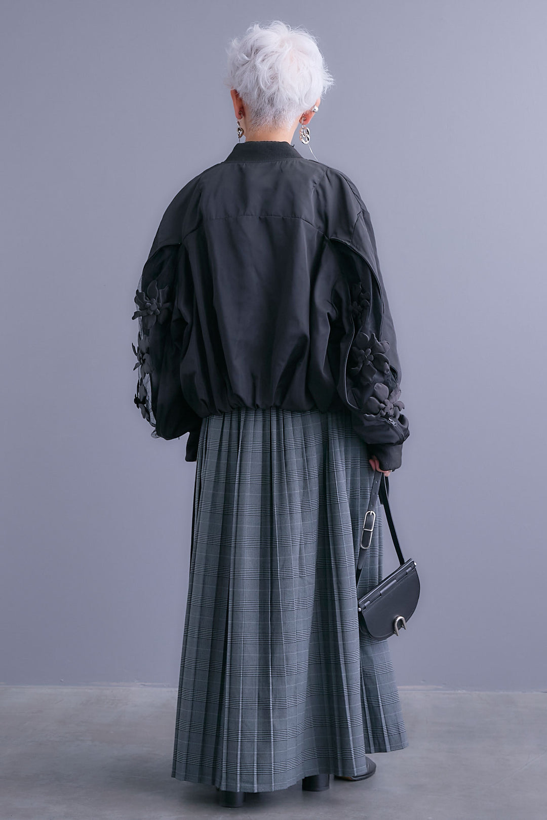 【SET】チュールフラワースリーブMA-1【2WAY】+グレンチェックプリーツスカート(2set)