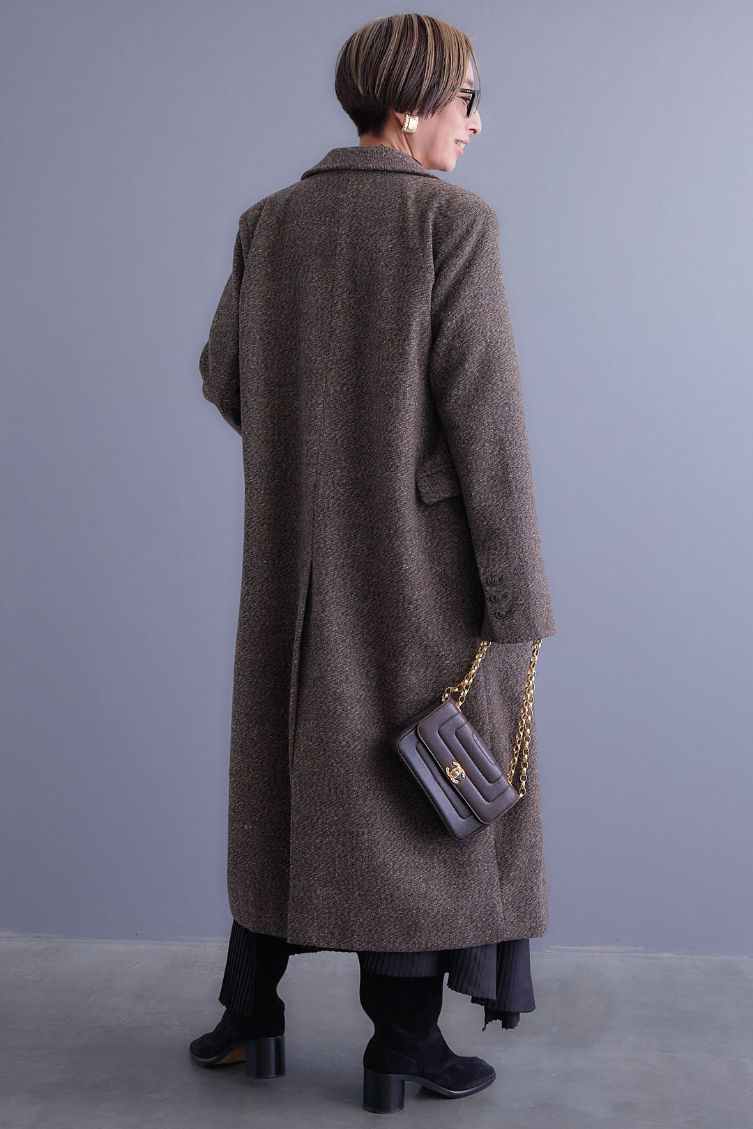 【SET】アシンメトリーオーバーニット+ツイードロングチェスターコート+アシンメトリープリーツスカート(3set)