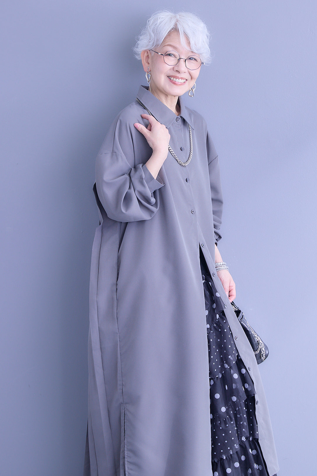 【SET】バックワイドプリーツシャツワンピース+ドットレイヤードチュールスカート(2set)