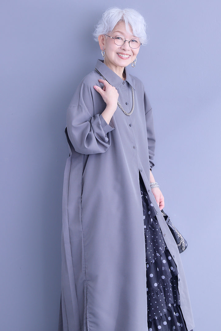 【SET】バックワイドプリーツシャツワンピース+ドットレイヤードチュールスカート(2set)
