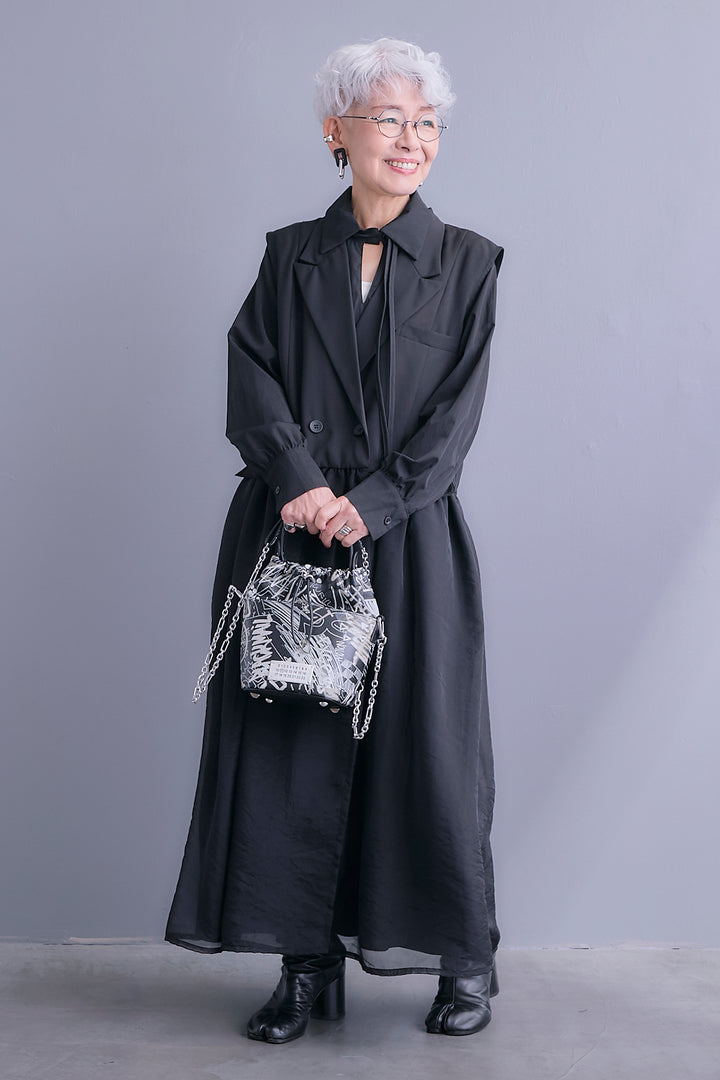 【SET】シアーオーガンジージャケットベスト+コードキーネックシャーリングデザインワンピース(2set)