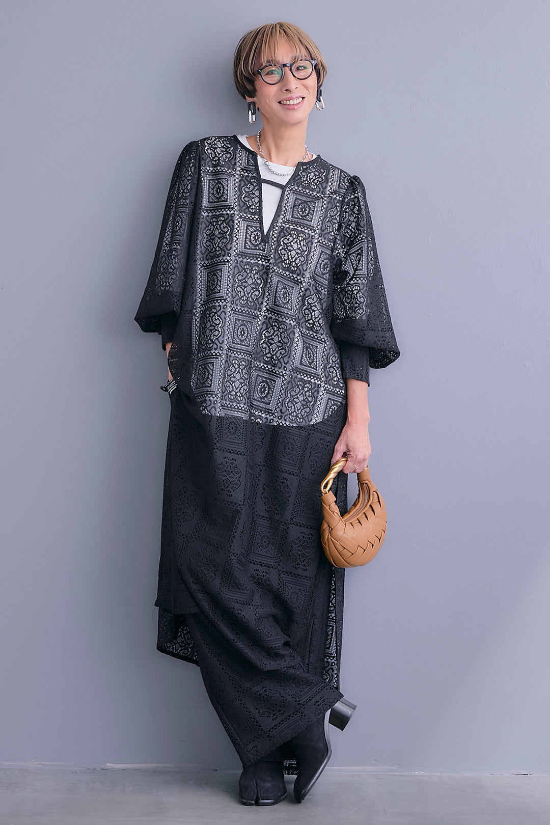 【予約】ブロックレースボリュームスリーブワンピース