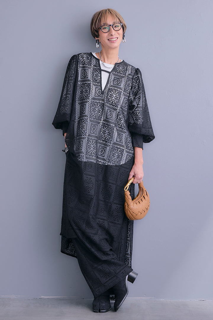 【予約】ブロックレースボリュームスリーブワンピース