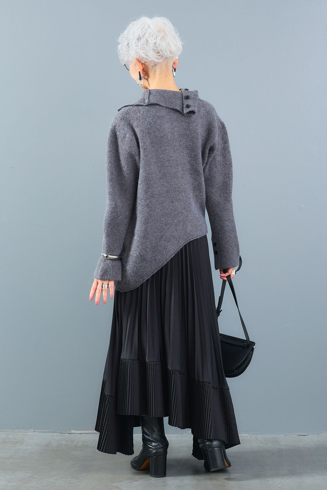 【SET】アシメハイネックボタンニット+アシンメトリープリーツスカート(2set)
