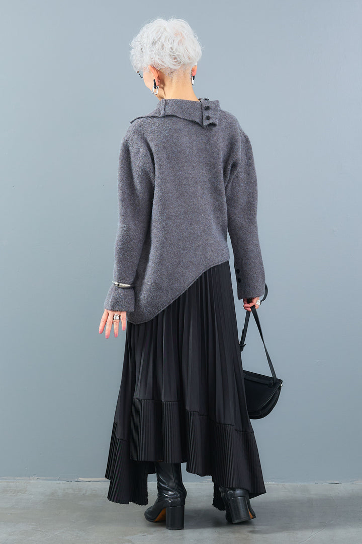 【SET】アシメハイネックボタンニット+アシンメトリープリーツスカート(2set)