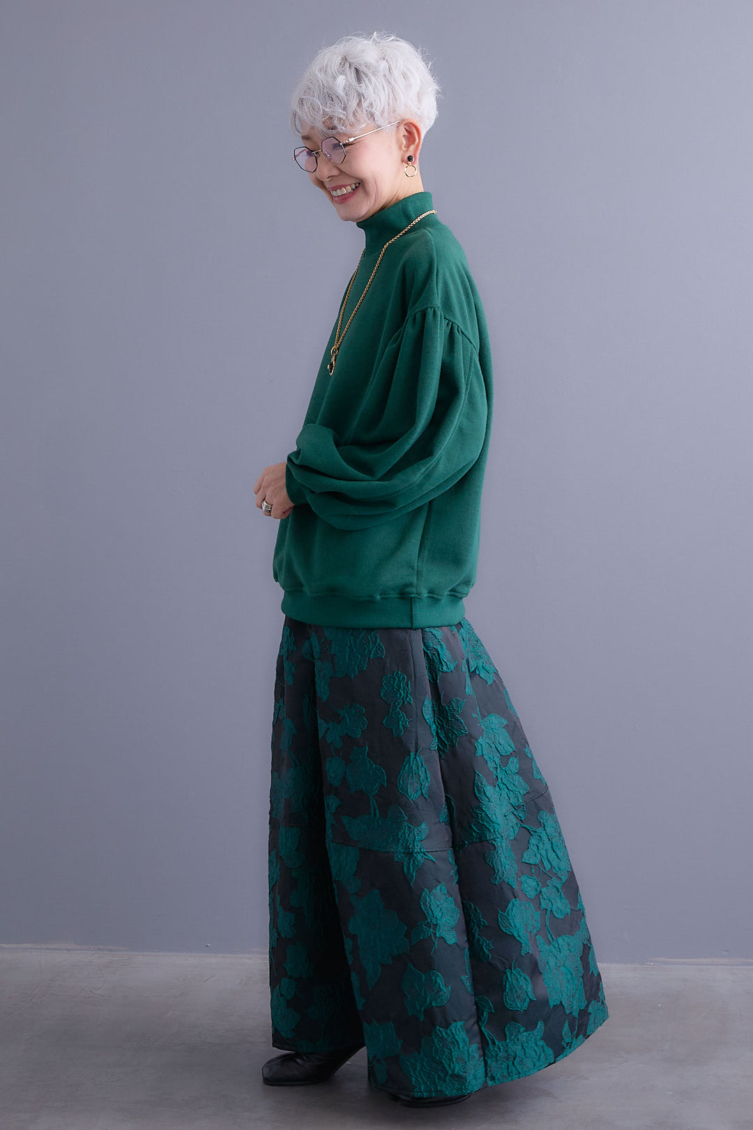 【SET】ボリュームスリーブモックネックプルオーバー+ジャガードフラワースカート(2set)