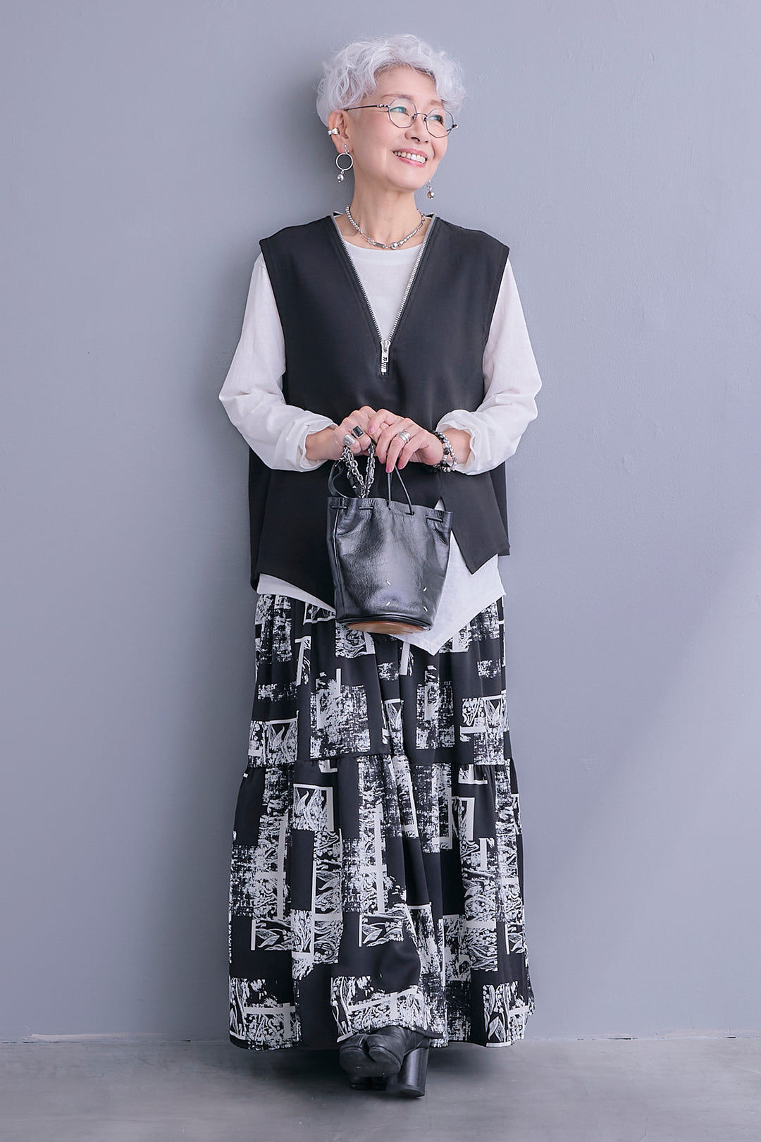 【SET】ZIPオープンVネックベスト+アシメロンT+スズランモノトーンフレアスカート(2set)