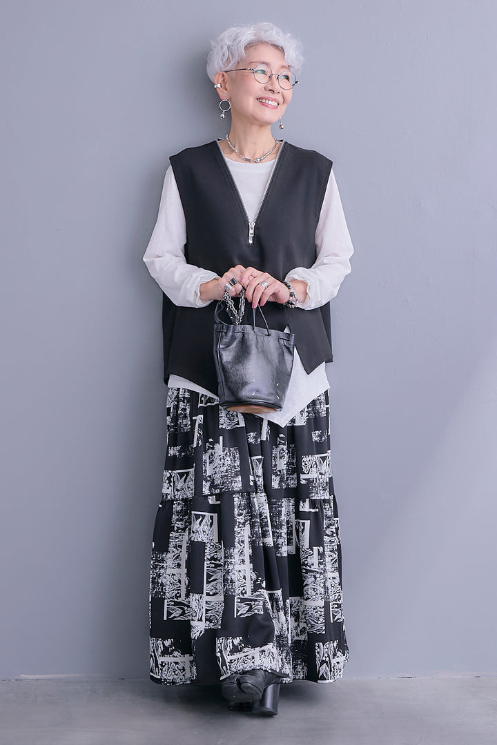 【SET】ZIPオープンVネックベスト+アシメロンT+スズランモノトーンフレアスカート(2set)