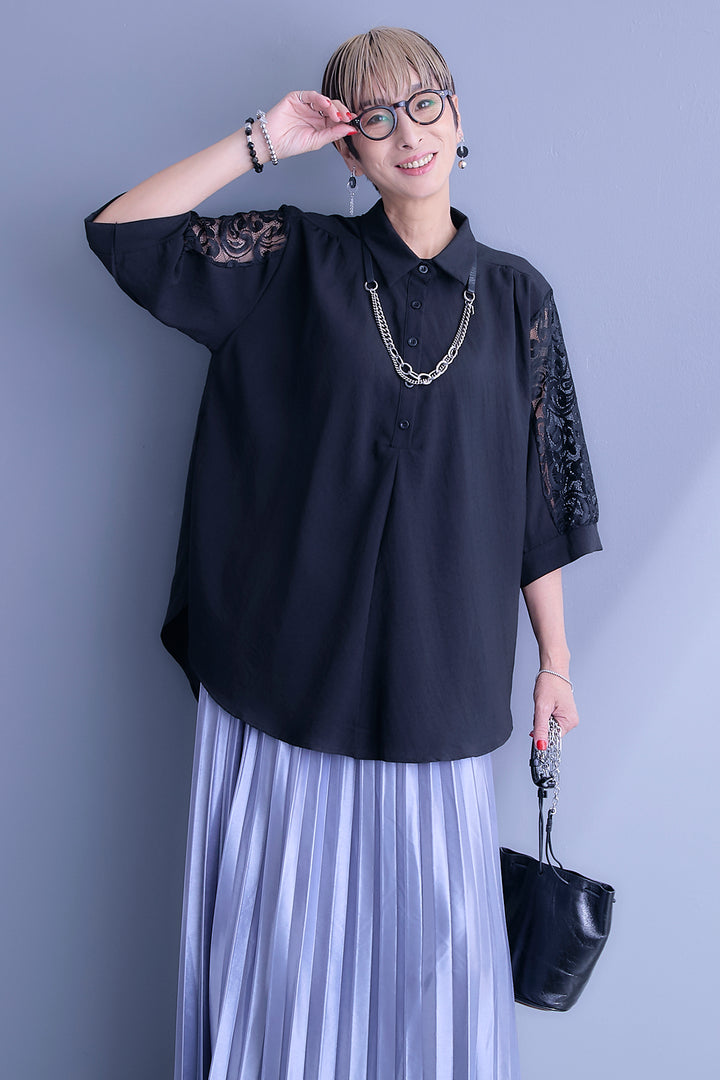 【予約】ショルダーレースラウンドカットシャツ
