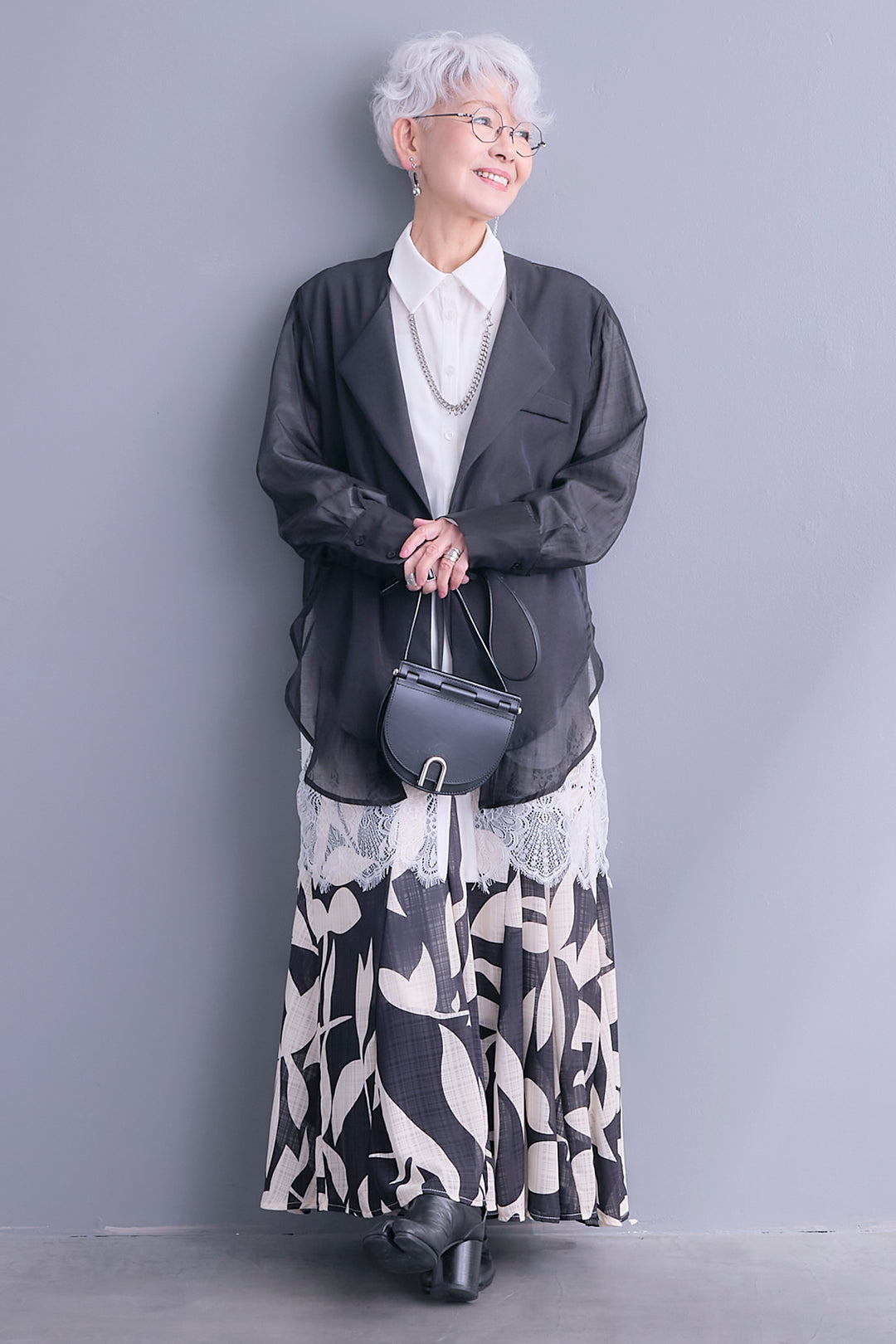 【SET】シアーシャツドッキングジャケット+ヘムレースロングシャツ+リーフアートフレアスカート(3set)