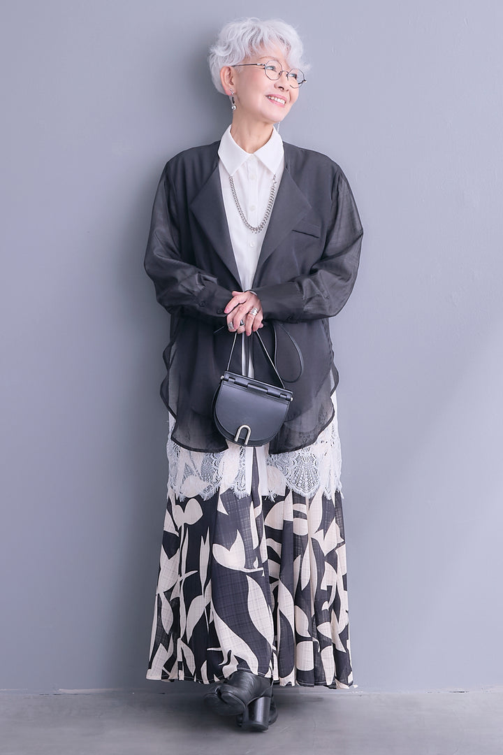 【SET】シアーシャツドッキングジャケット+ヘムレースロングシャツ+リーフアートフレアスカート(3set)