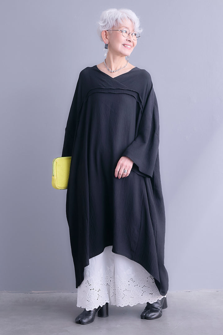 【SET】Vネックリラックスシルエットワンピース+ヘムレースワイドペチパンツ(2set)