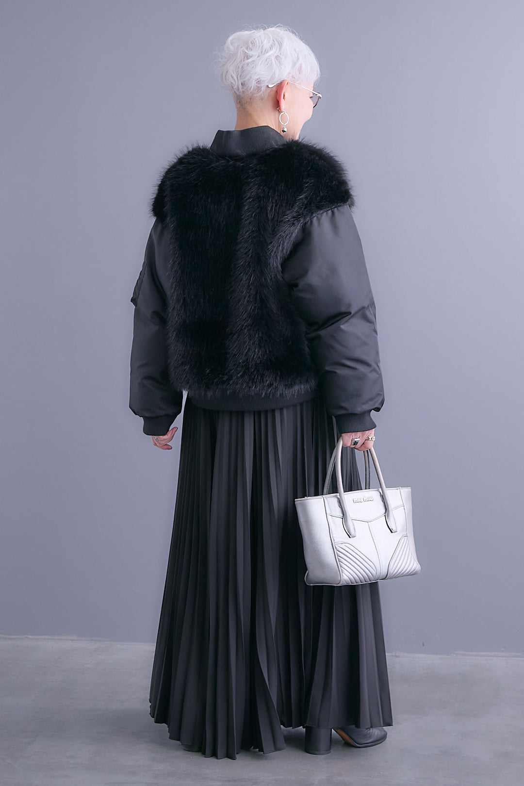 【SET】ファーシャギーMA-1ブルゾン+ルーズロングプリーツスカート(2set)