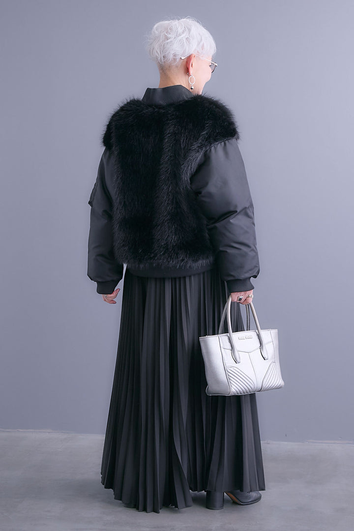 【SET】ファーシャギーMA-1ブルゾン+ルーズロングプリーツスカート(2set)