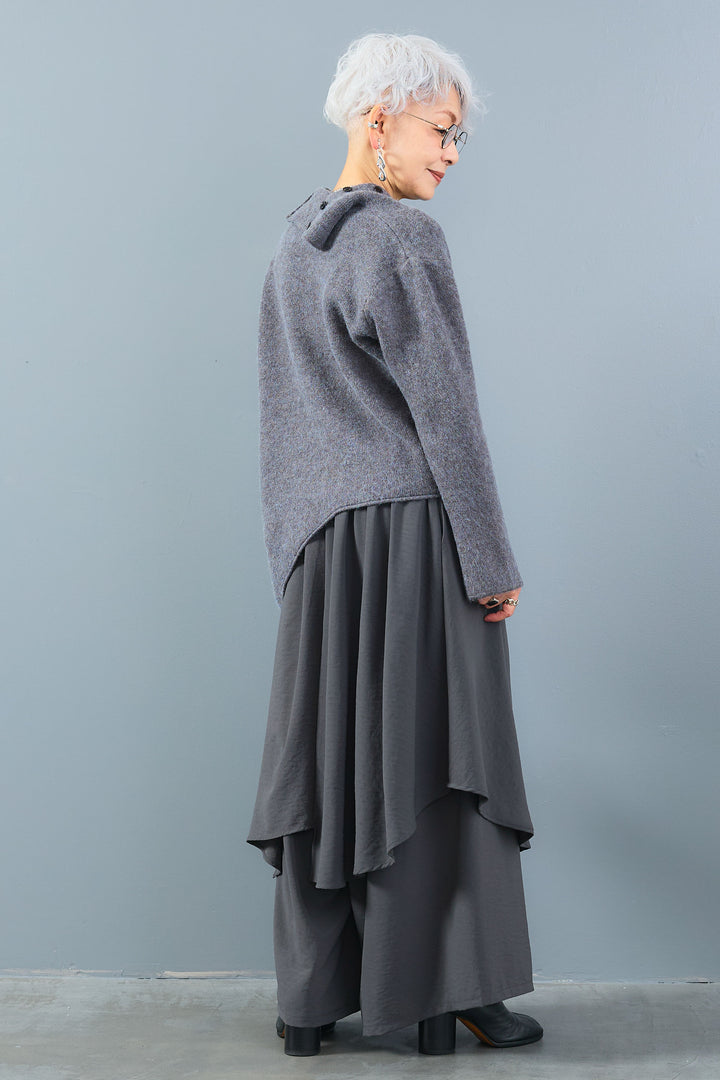 【SET】アシメハイネックボタンニット+アシメレイヤードワイドパンツ(2set)