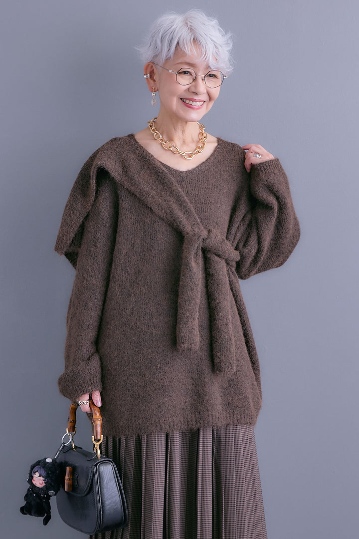 【SET】カーデケープVネックニット+グレンチェックプリーツスカート(2set)