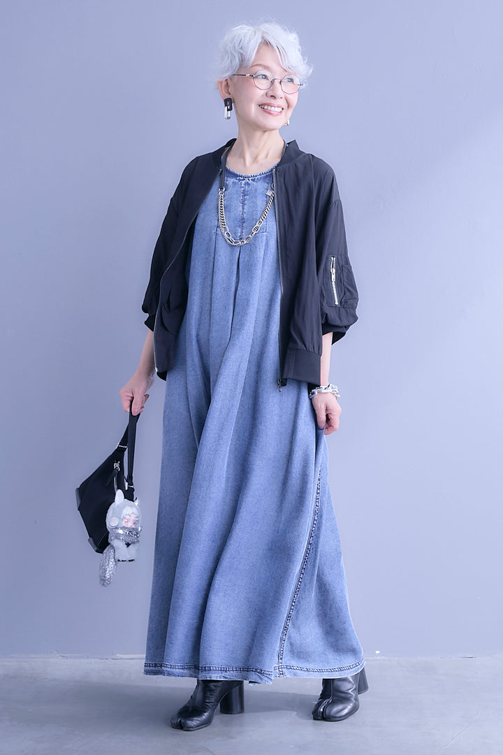 【SET】バルーンハーフスリーブMA-1ジャケット+パウダーシルクヴィンテージデニムワンピース(2set)