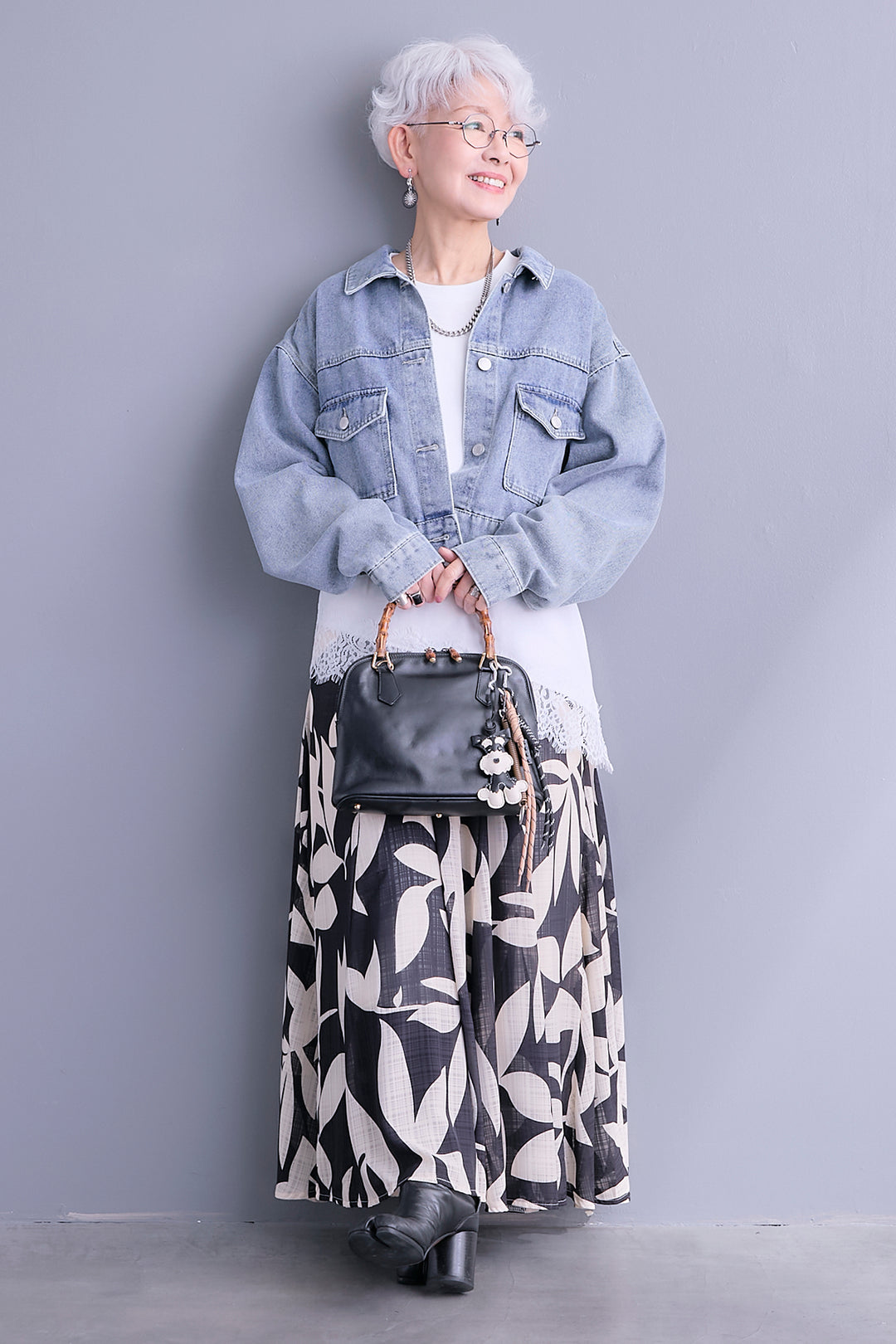 【SET】10ozライトデニムショートジャケット+アシメレースT+リーフアートフレアスカート(3set)